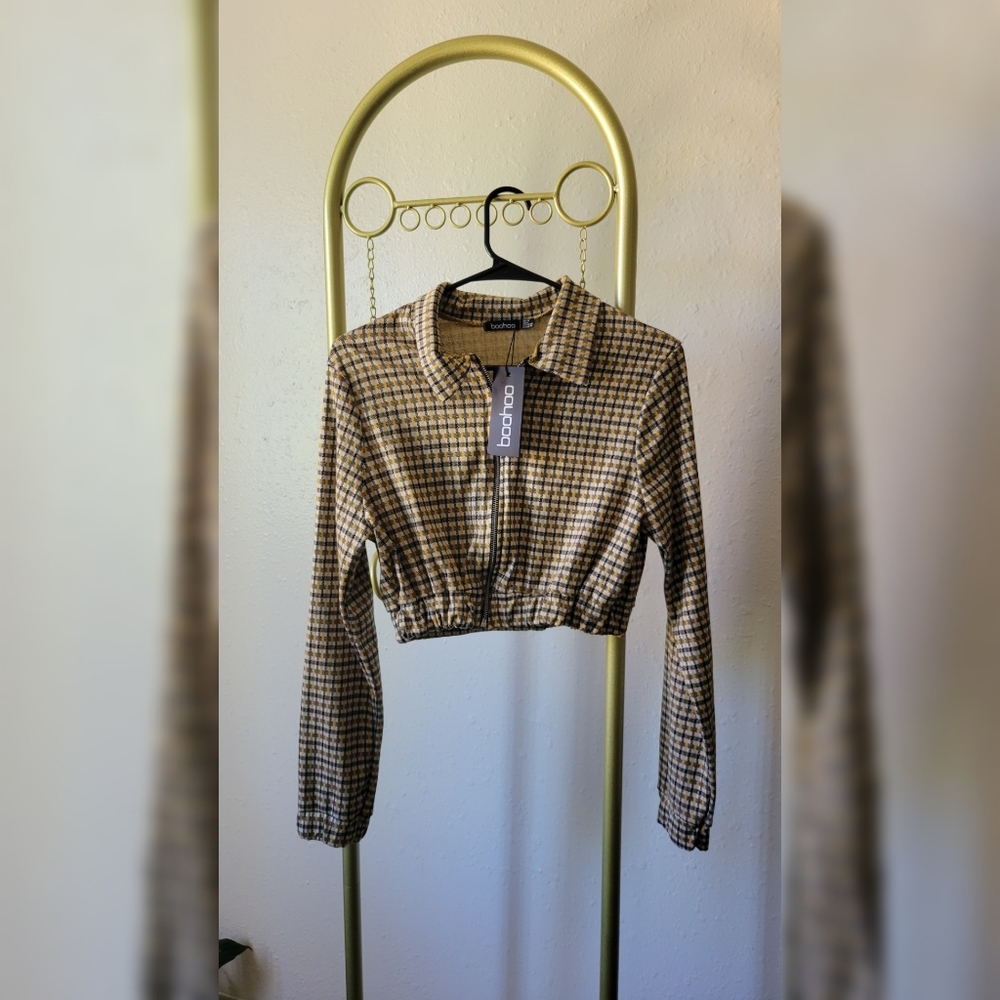 Boohoo Crop Check Bomber in Color Mustard Size UK 10/ US 6